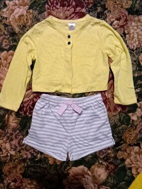 Carter's Yellow Long-Sleeve Pajama Top with Gray-White Striped Shorts